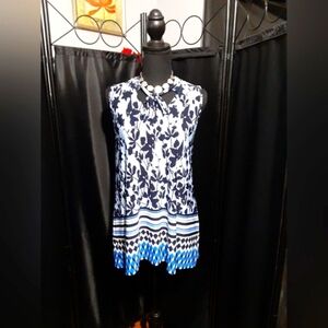 Rafella Women's Sleeveless Blouse Blue Floral Multi Tie Neck Boho Cottage S/P